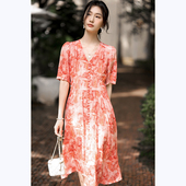 显瘦气质V领中长款 新款 碎花裙子 复古桑蚕丝连衣裙女2026夏季 法式