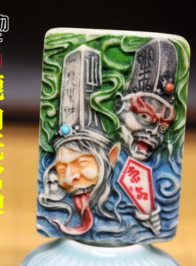 鹿角雕刻黑白无常牌子吊坠