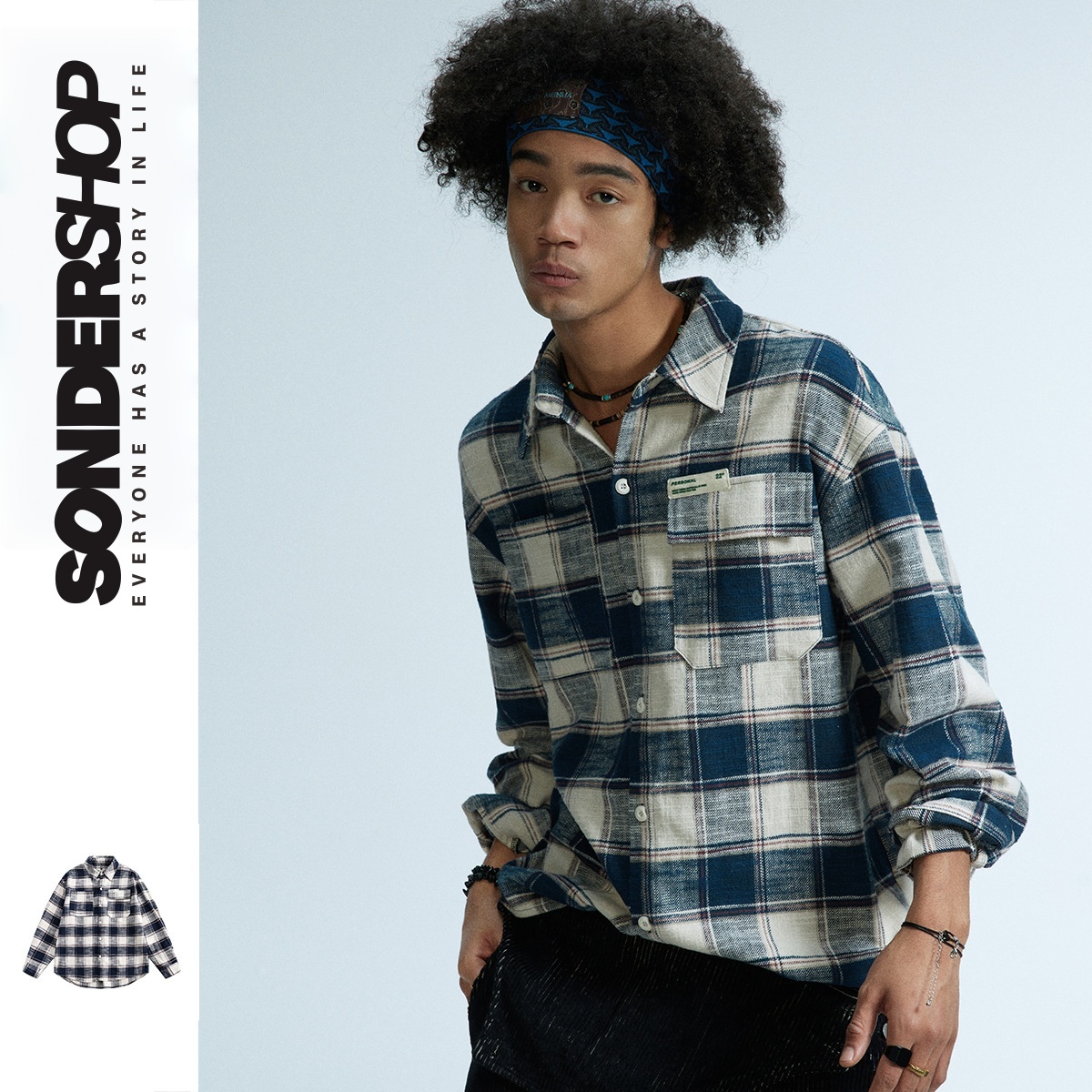 SONDER SHOP 美式潮牌宽松休闲上衣长袖法兰绒格子衬衫情侣款衬衣