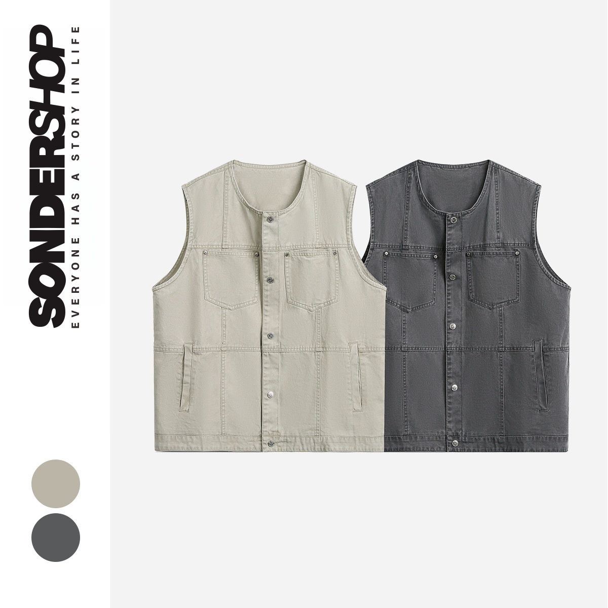 sonder shop 日系复古水洗感全棉工装背心潮牌男士圆领马甲