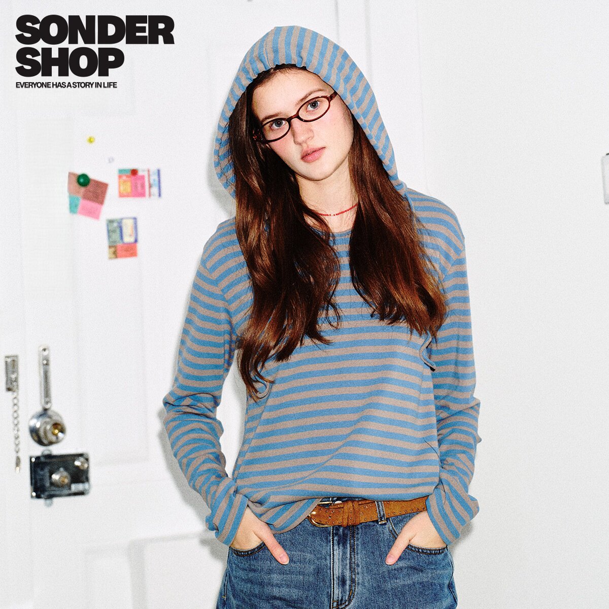 SONDER SHOP 潮流美式复古条纹上衣打底衫女生显瘦长袖T恤