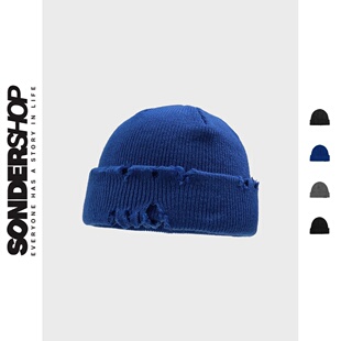 SONDER SHOP 秋冬蓝色显白破洞乞丐毛线帽男女复古冷帽短款针织帽