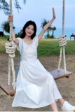 白色泡泡袖减龄连衣裙女2025春夏新款法式高腰显瘦温柔风初恋长裙，女装连衣裙，2C263