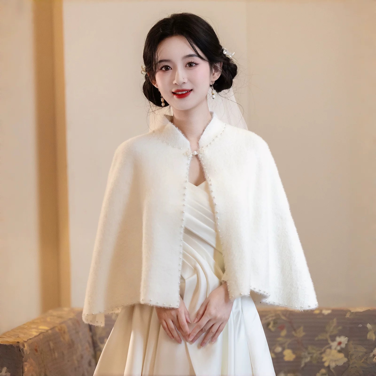 旗袍披肩新娘婚纱礼服毛披肩新款春秋冬季订婚旗袍外套斗篷外搭厚