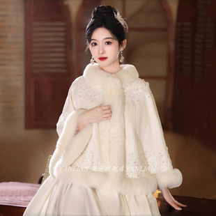 秋冬大气保暖婚纱披肩汉服敬酒服加绒款斗篷披肩旗袍婚纱新娘披肩