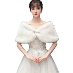 新娘婚纱结婚毛披肩冬旗袍伴娘礼仪礼服披肩仿皮草秋冬香槟色外套