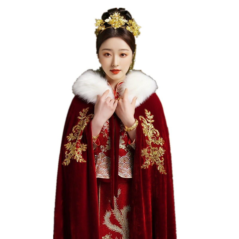 秀禾服披风红色2026新款新娘中式婚礼毛披肩斗篷保暖加厚毛领披风