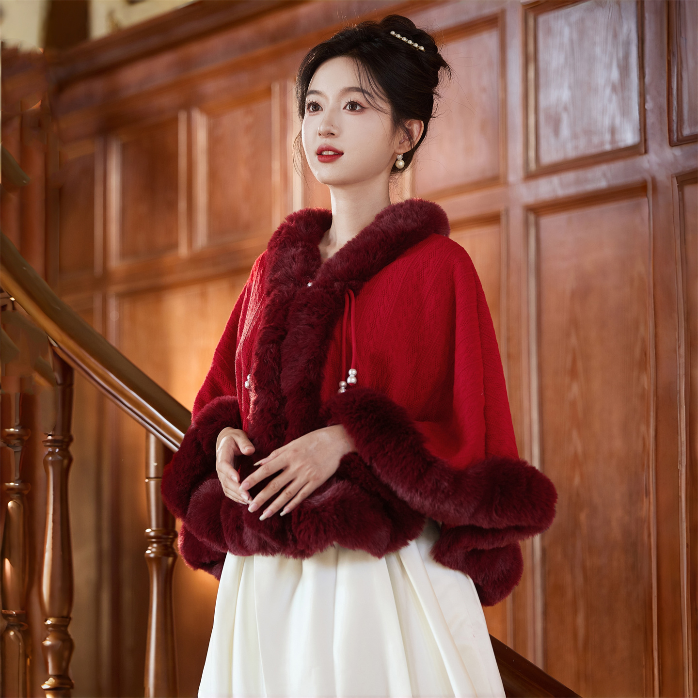 敬酒服旗袍毛披肩新娘订婚礼服披风结婚斗篷外套加厚保暖冬酒红色
