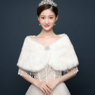 婚纱礼服伴娘双面加厚白外毛披肩