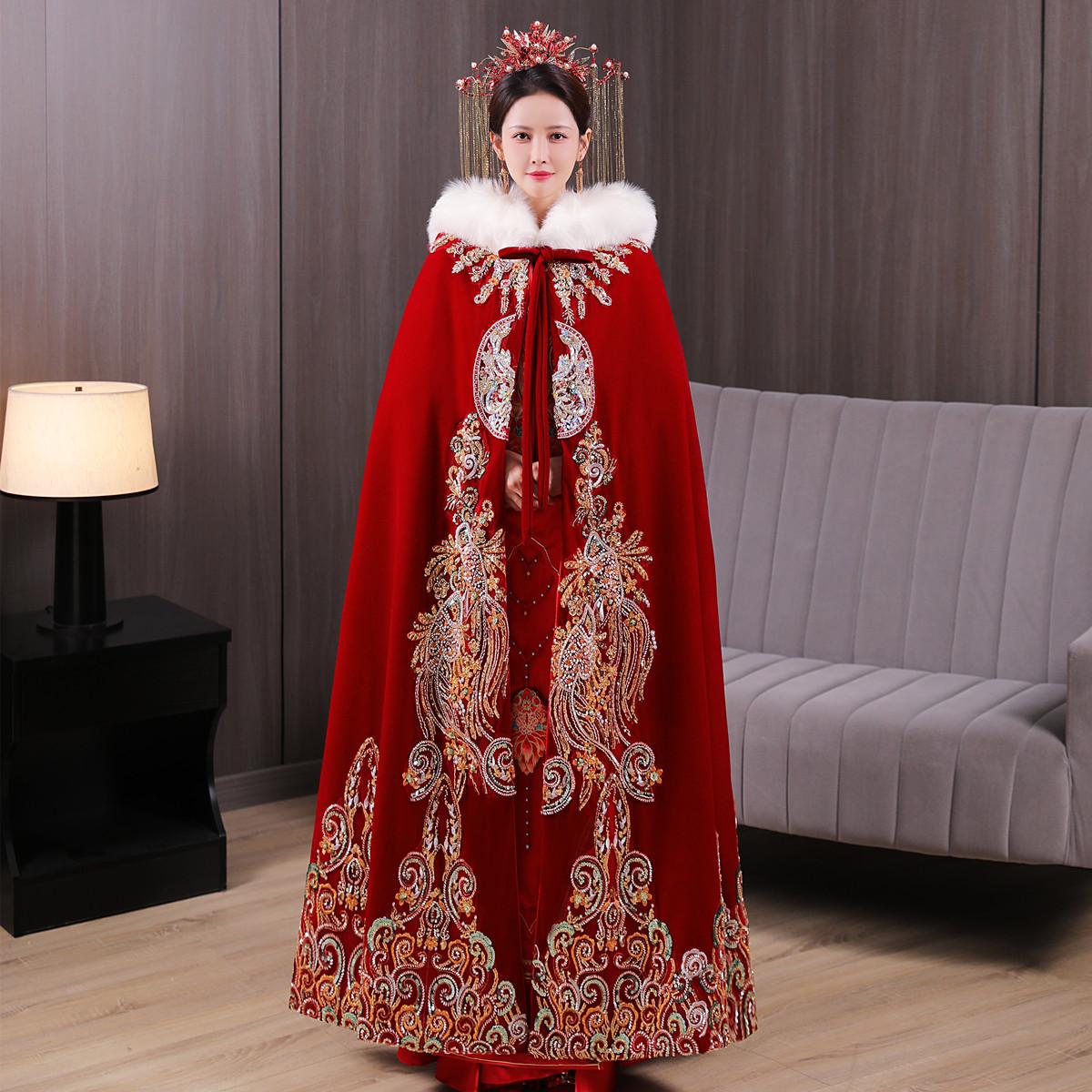 艳莲汉服披风冬季长款古风红色