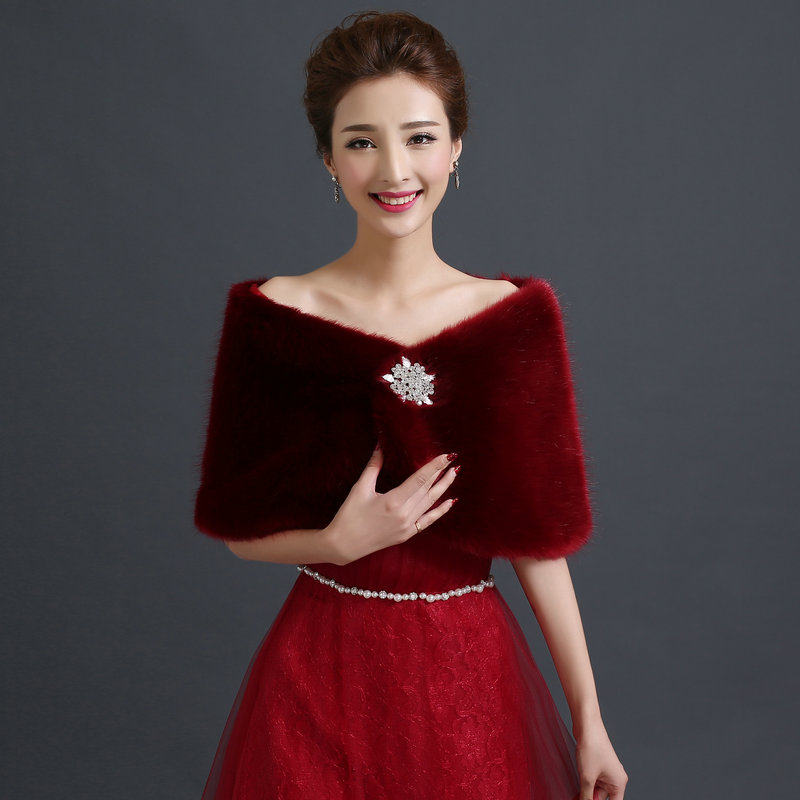 新款新娘结婚婚纱礼服毛披肩仿皮草酒红色披肩礼服旗袍披肩酒红