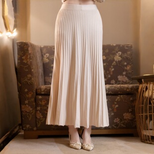 2026秋冬加厚旗袍内搭衬裙针织百褶半身裙女中长款显瘦米白大摆裙