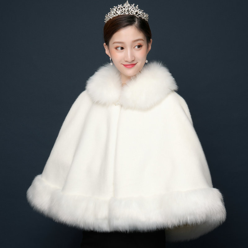 秋冬新款新娘婚纱毛披肩斗篷外套大码保暖加厚仿皮草结婚外套白色