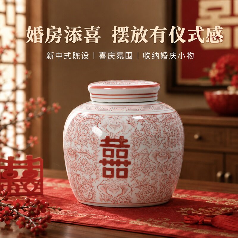 新中式双喜陶瓷糖果储物罐婚房