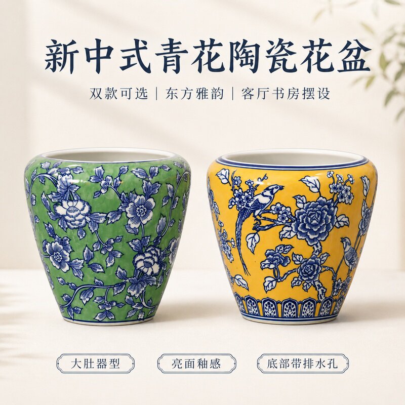 新中式青花陶瓷大号花盆带排水孔