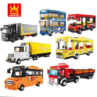 校车双层巴士交通车自由拼装积木兼容高小颗粒积木益智玩具车