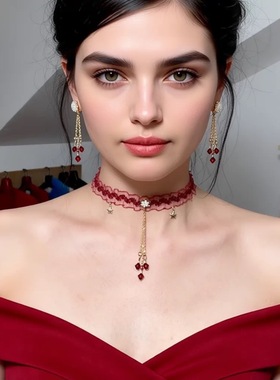 欧美跨境新款女士丝绒项圈颈链红色颈带圣诞节配饰新年choker流苏