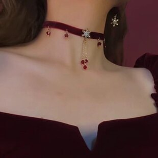 酒红丝绒choker项链复古圣诞节配饰敬酒服脖饰品锁骨女颈链项圈