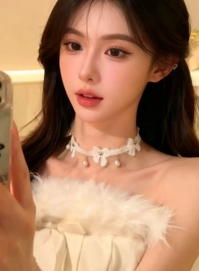 白色蕾丝珍珠复古法式锁骨女项链