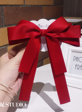 纯手工红色蝴蝶结发夹日韩简约古风后脑勺马尾夹汉服森系仙女发饰
