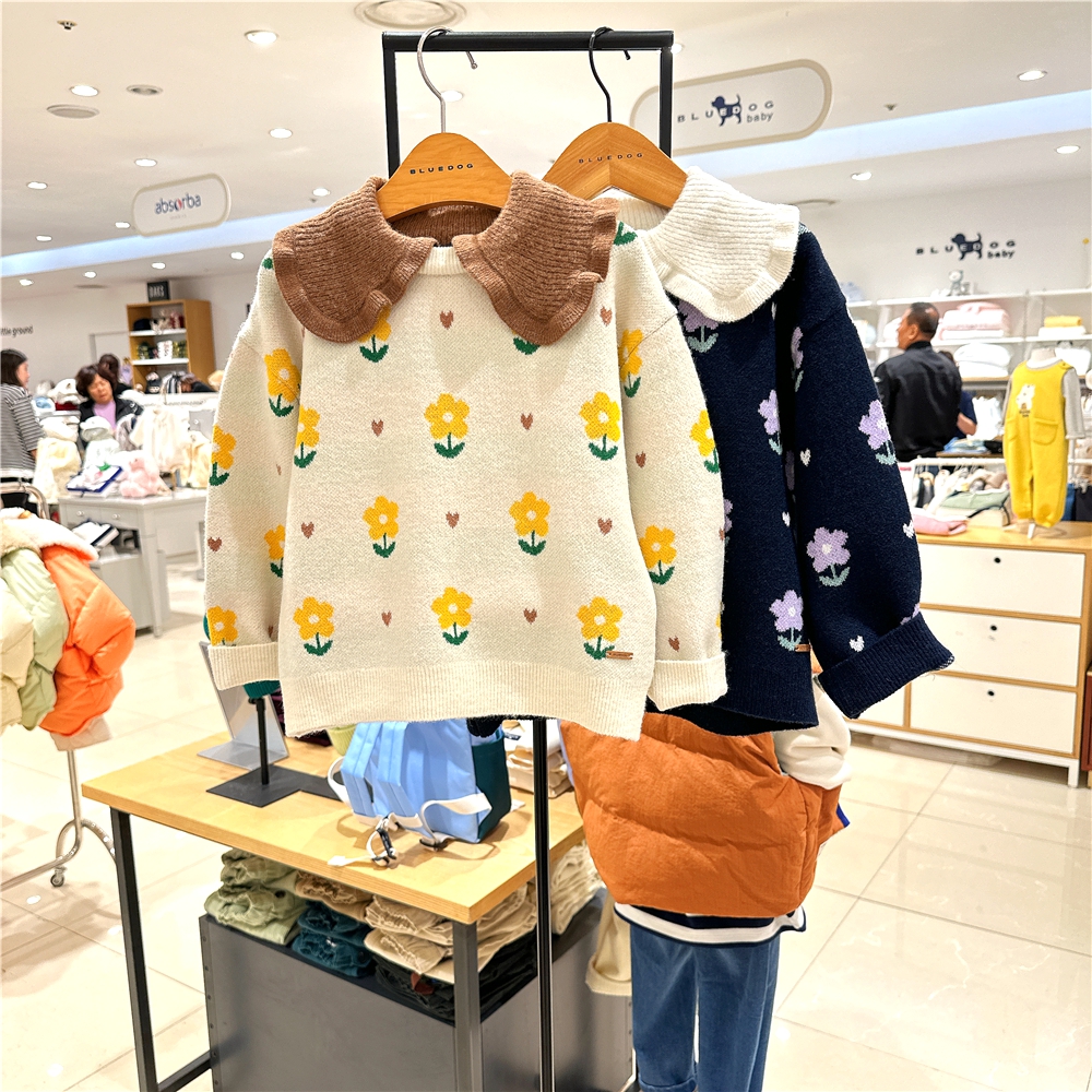 打折BLUEDOG kids蓝狗女童翻领针织上衣韩国代购24冬毛衣套头T恤