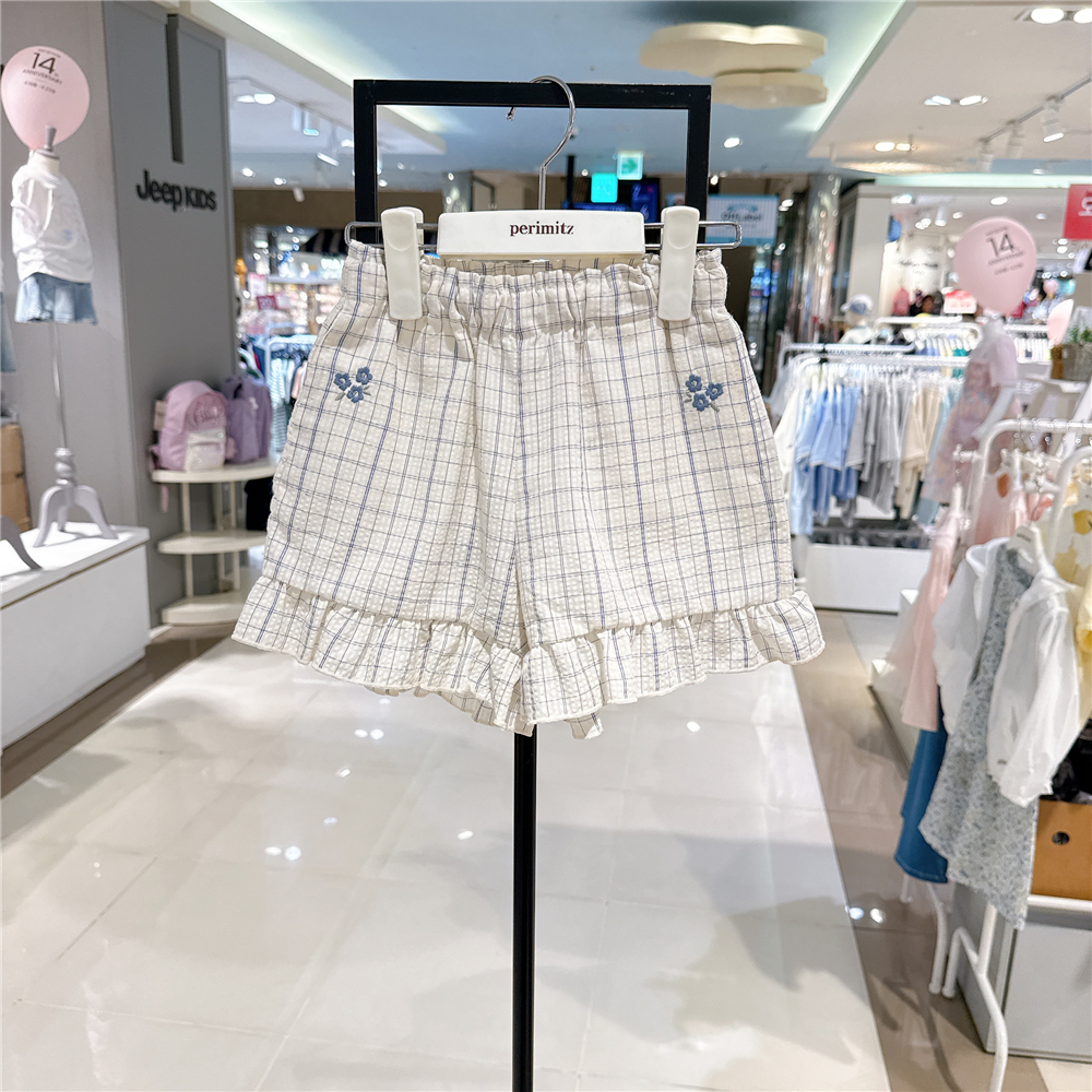 perimitz女童格子休闲短裤韩国专柜代购25夏中大童松紧腰花边裤子