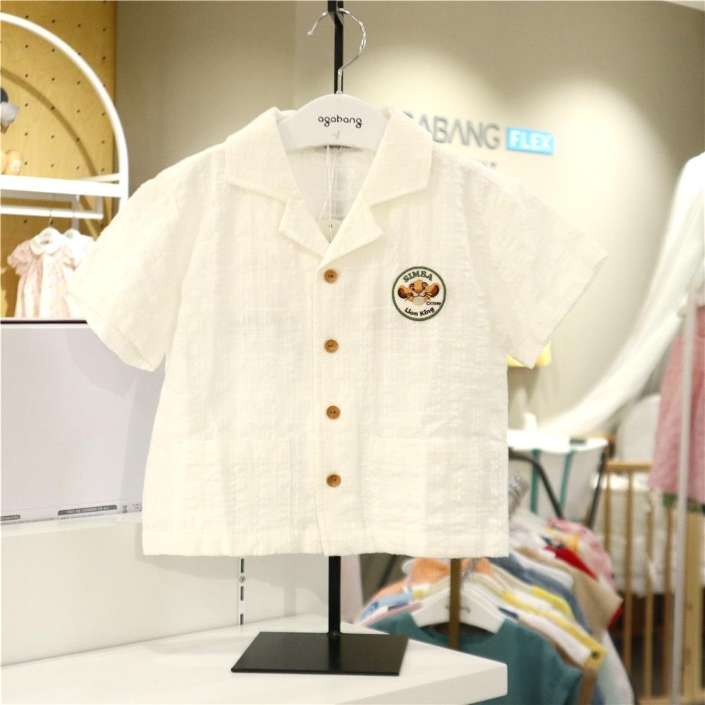 agabang阿卡邦男女童白色短袖外套2024夏季韩国代购帅气衬衫上衣