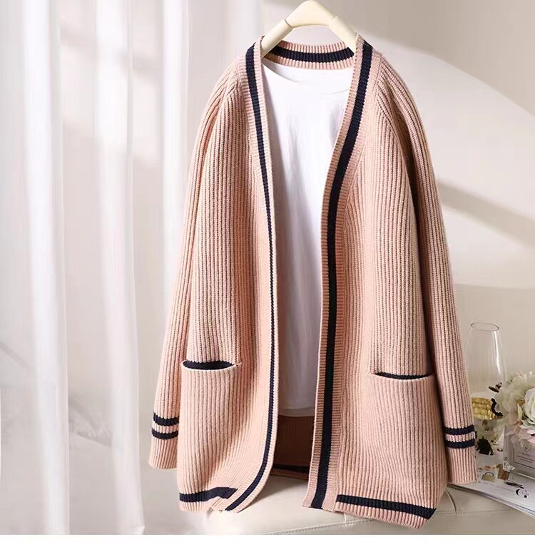 清仓捡漏专柜撤回大牌外贸女百搭V领时尚开衫中长款无扣口袋毛衣