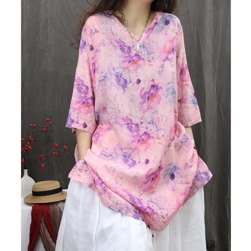 品牌折扣店商场撤柜女苎麻印花复古衬衫宽松V领中长款文艺衬衫裙