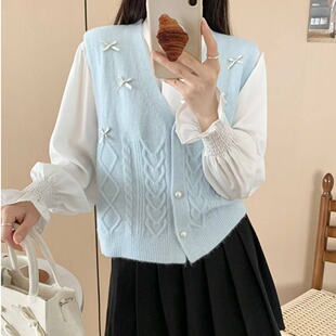 法式 叠穿毛衣 甜美蝴蝶结马甲背心女2025秋季 新款