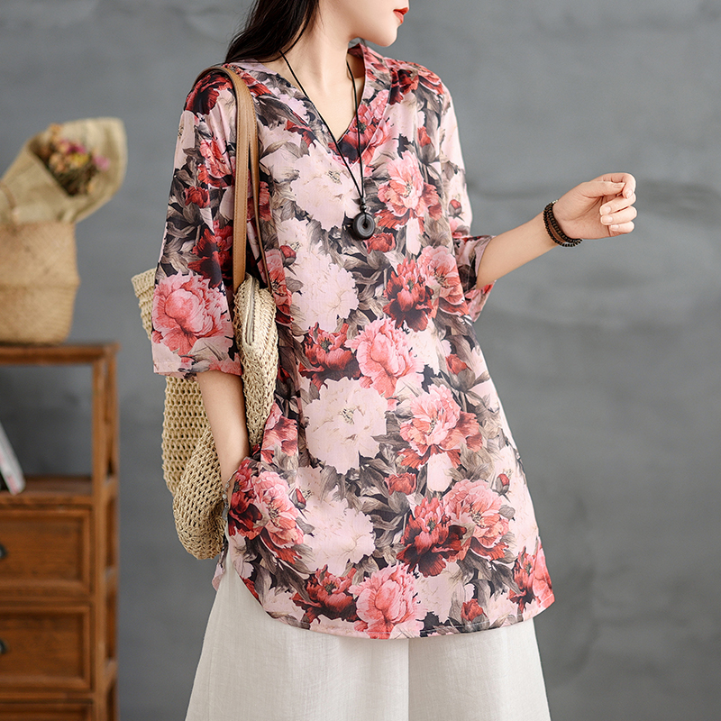 捡漏日系原单新款苎麻印花复古休闲衬衫宽松V领中长款文艺衬衫裙