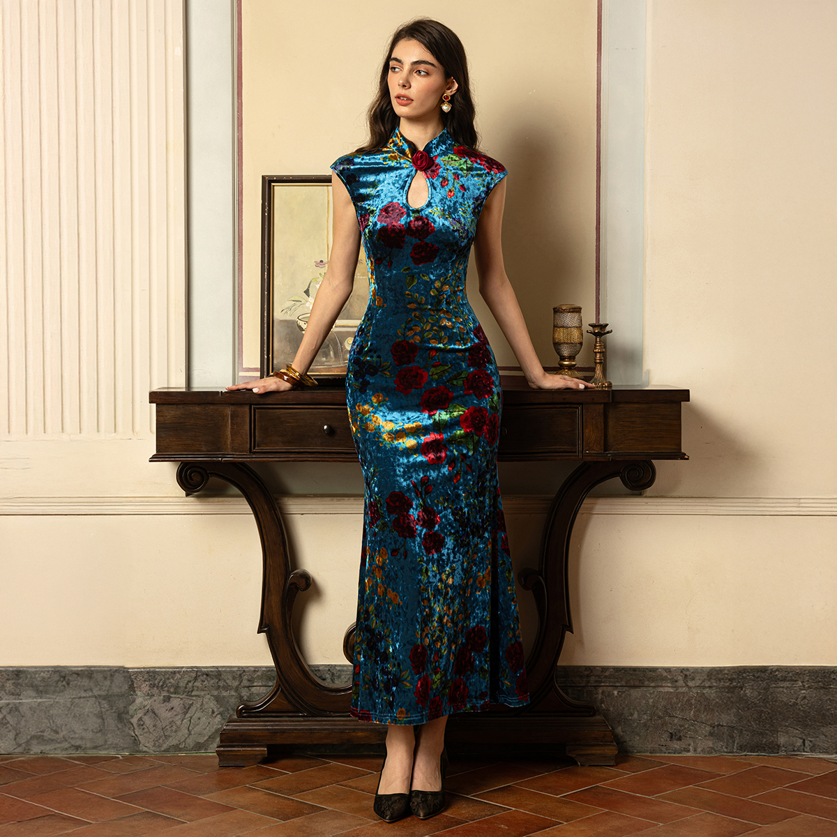 复古风手工玫瑰花镂空弹力旗袍