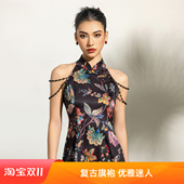 中式 饰少女时尚 改良花朵 旗袍复古收腰显瘦裙黑珍珠吊珠装 新中式