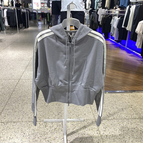 阿迪达斯正品连帽条纹运动夹克女