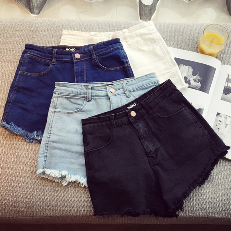 Korean elastic FLANNEL Denim Shorts women's large student high waist slim hot pants