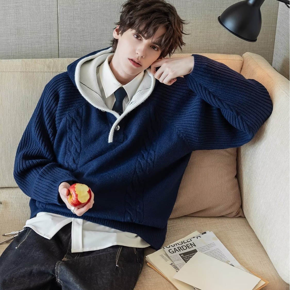 秋冬美式拼色连帽绞花男保暖毛衣