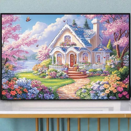 带框钻石画满钻方钻手工贴钻绣卧室客厅风景湖边花园童话小屋新款