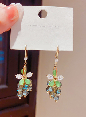 气质轻奢长款水晶葡萄串流苏耳环女圆脸显瘦耳饰高级感无耳洞耳夹