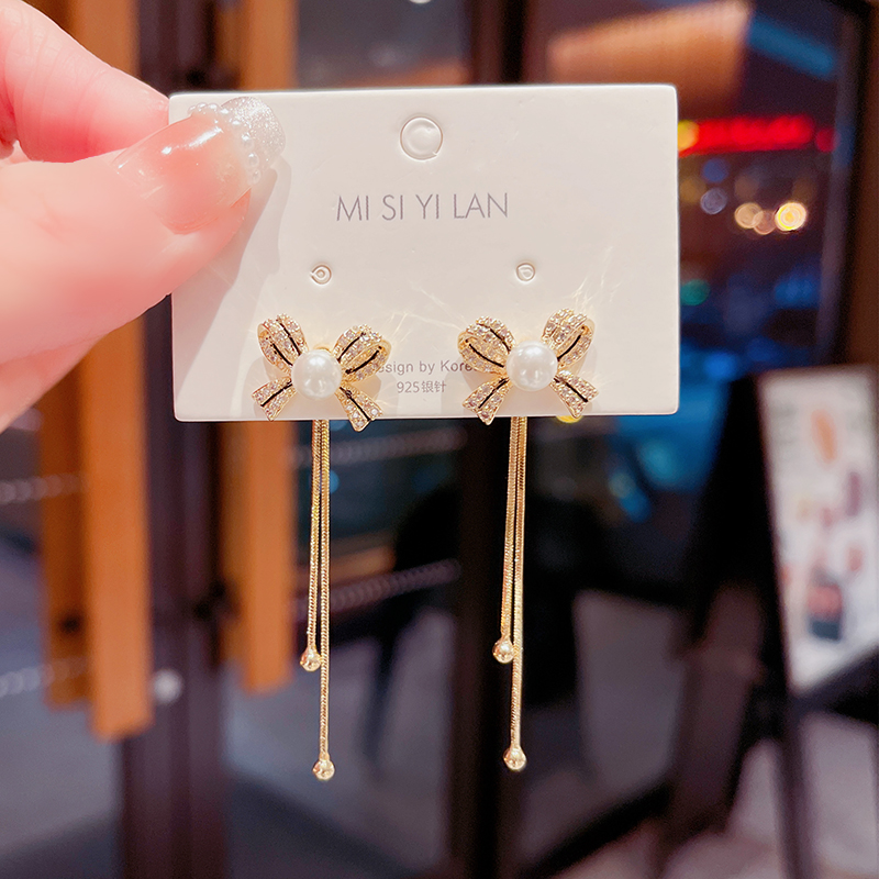 欧美法式蝴蝶结耳环女小众设计高级感长款耳钉轻奢气质独特耳饰