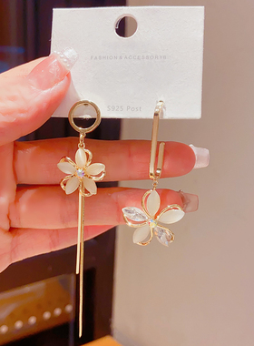 欧美时尚不对称花朵气质女猫眼石耳环设计感百搭魅力个性潮流耳钉