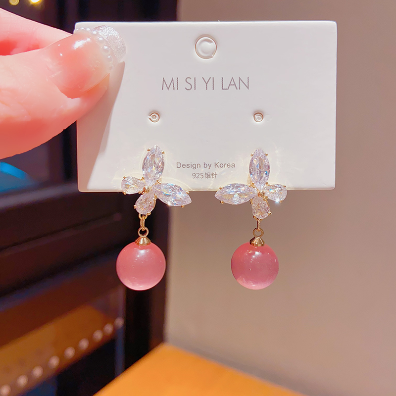 纯银针轻奢蝴蝶猫眼石耳钉女气质2024新款爆款耳环复古高级感耳饰