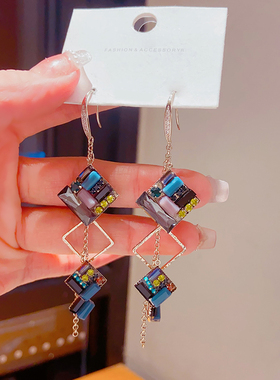 气质长款流苏耳环韩国高级感复古水晶几何方块耳饰轻奢无耳洞耳夹