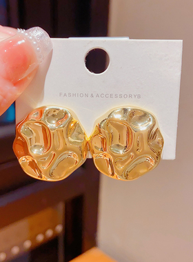 欧美大气金银色不规则圆形独特耳钉女轻奢小众设计高级感耳环耳饰