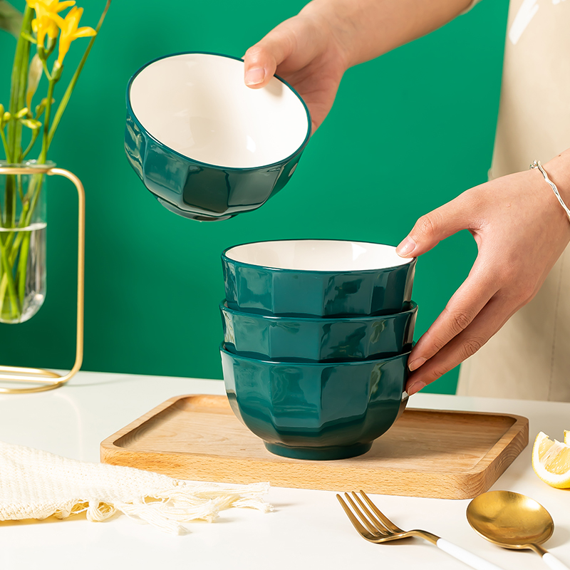 北欧家用陶瓷孔雀绿饭碗