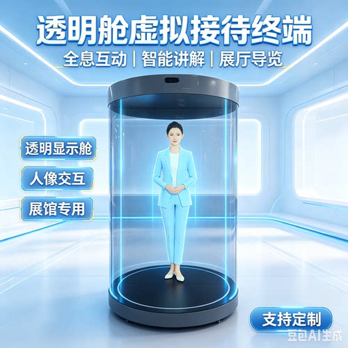 展厅圆柱裸眼3D数字人全息舱透明屏AI智能语音问答交互广告机