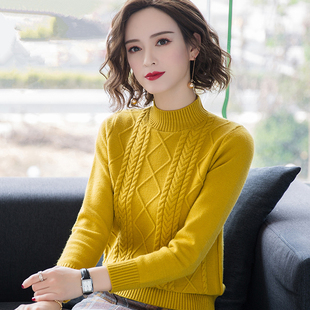 黑色毛线衫麻花毛衣女半高领短款秋冬时尚套头中领长袖针织打底衫
