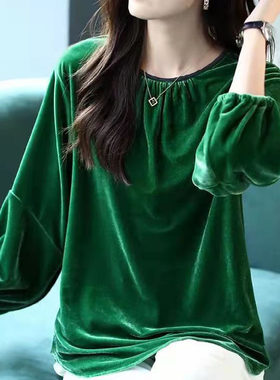 翡翠绿个性篇幅衫宽松时尚金丝绒套头衫女春秋蝙蝠衫上衣潮打底衫