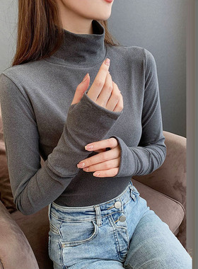 灰色高领德绒打底衫女大码内搭长袖套手指扣t恤连指袖手套上衣服