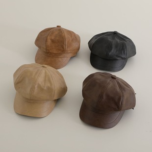 儿童PU皮质帽子秋冬时尚复古男童英伦八角帽小女孩贝雷帽报童帽潮