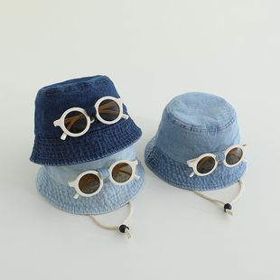 简约儿童牛仔盆帽防晒防风女童渔夫帽春秋洋气男童帽子眼镜一体潮